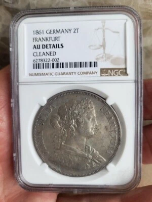 1861 Germany 2 Thaler, Frankfurt , NGC AU details  , nice silver coin - Image 1 of 4
