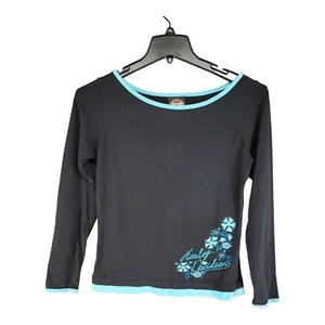 Camisa Harley Davidson para mujer Y2k manga larga negra verde azulado bordada mediana de colección - Imagen 1 de 9