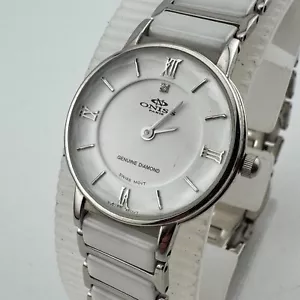Oniss Swiss Quartz Watch Women 30m Steel White Ceramic Analog New Battery 7.25" - Picture 1 of 6