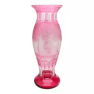 Antique Kralik Etched Cameo Glass Vase - 14" Large Cranberry Cut To Clear Czech - Picture 1 of 16