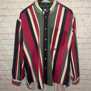 Vintage Tommy Hilfiger Crest Logo Striped Dress Shirt Size Large Olive Green - Picture 1 of 8