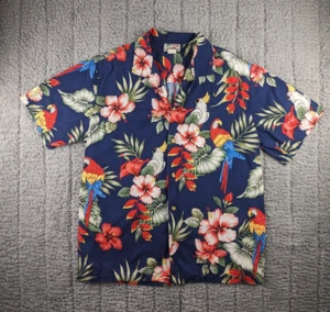 Vintage Evergreen Island Hawaiian Shirt Mens Large Blue Floral Parrot Cockatoo - Picture 1 of 14