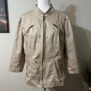 MULTIPLES Women’s Beige Faux Leather Zip Up Jacket Snake Animal Print Sz XL Flaw - Picture 1 of 13
