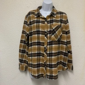 Arizona Jean Co. Flannel Button Down Shirt Size LYellow Brown Plaid Long Sleeve - Picture 1 of 9