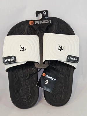AND1 Men’s Adjustable Swirl Slide Sandals White/Black Blue Sole Size 9 Comfort - Image 1 of 4