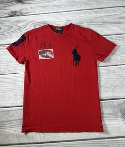 Vintage Polo Ralph Lauren Shirt Youth 8 Red USA Flag Pony Rugby T Shirt - Picture 1 of 8