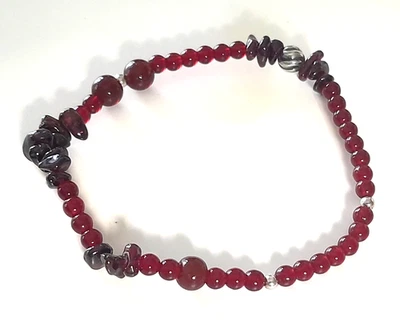 Red Garnet Gemstone Beautiful Stretch Bracelet w/ Silver Tone Beads Fits 7" - Image 1 of 4