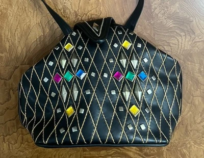 Vintage 80s/90s Style Black Quilted Shoulder Bag w/ Colorful Gem Studs - Image 1 of 4