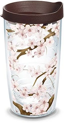 Tervis 1041201 Cherry Blossom Tumbler with Wrap and Brown Lid 16oz, Clear - Image 1 of 4