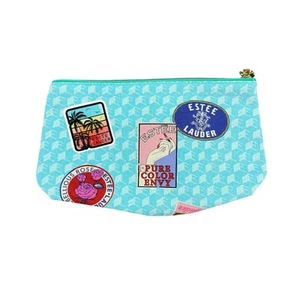 Estée Lauder Cosmetic Makeup Bag Blue with Various Sticker like Designs - Picture 1 of 7