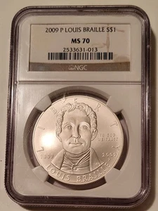 NGC 2009 P Louis Braille Commemorative Silver Dollar MS70* - Picture 1 of 2