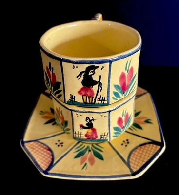 HENRIOT QUIMPER  2 Coffee Cups and 1 Saucer ~ Breton Man &  Breton Woman  1930s - Image 1 of 4