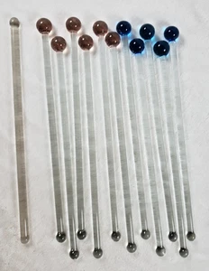 12 Vintage Glass Swizzle Sticks Cocktail Drink Stirrers 5 Blue, 6 Pink, 1 Clear - Picture 1 of 5