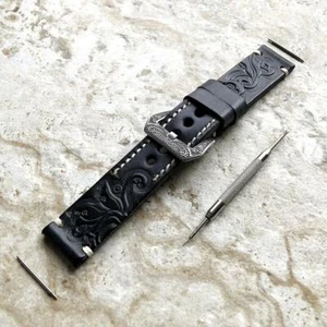 Black & Gray Tooled Leather Band Strap for Samsung Galaxy Watch 3 45mm Case -B22 - Picture 1 of 6