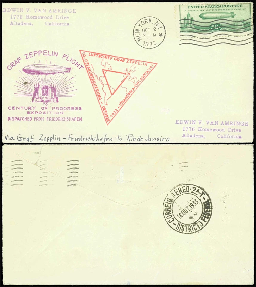SAVOYSTAMPS-USA Cover-Graf Zeppelin FDC 1933-Via De Janiero C18-NYC Oct 2nd 1933 - Image 1 of 1