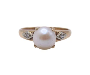 14K Yellow Gold Cultured Pearl & Diamond Ring - Picture 1 of 10