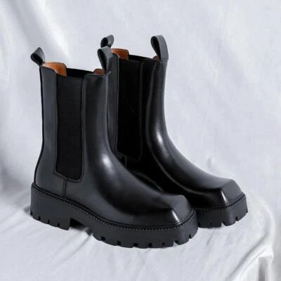 Men's Leather Square Toe Pull on Riding Chelsea Boots Dress Motorcycle Shoes Man - Image 1 of 4