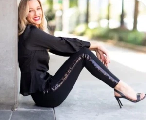 Spanx Black The Perfect Pant Tuxedo Sequin Side Stripe Size S/P - Picture 1 of 9