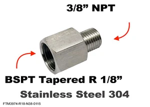 BSPT Tapered R 1/8" Female to 3/8" NPT Male Stainless Sensor Adaptor Fittings - Picture 1 of 6