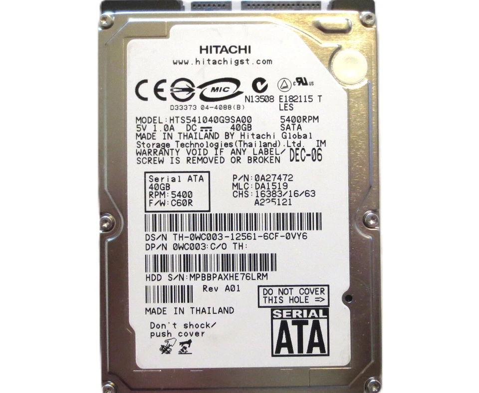 Hitachi HTS541040G9SA00 0A27472 DA1519 Thailand 40gb 2.5" Sata 12/2006 - Image 1 of 1