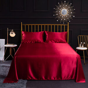 Satin Silk Bed Sheet Soft Smooth Flat Sheet Twin Full Queen King Solid Color