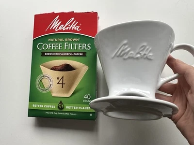 Melitta White Porcelain Pour Over Coffee Filter, One Hole, Includes Filters - Image 1 of 4
