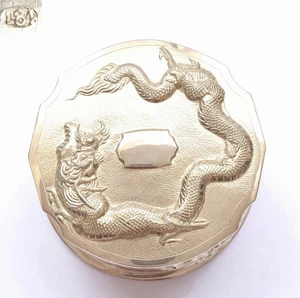 1930's Chinese Solid Silver Repousse Dragon Lobed Shaped Round Box Marked - Picture 1 of 9