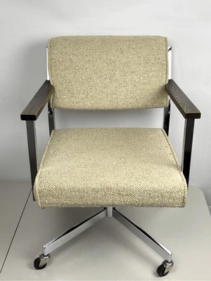 Vintage Eck-Adams MCM Chrome Textured Beige Swivel Tanker Office Chair Armrests - Image 1 of 4