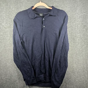 Hugo Boss Knit Polo Sweater Men L Virgin Wool Navy Blue 100% Wool 50298478 - Picture 1 of 12