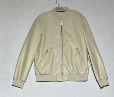 Zara Faux Leather Bomber Jacket Mens Large Beige Ivory Neutral Zip Pockets - Image 1 of 4