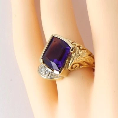 14k Gold Amethyst Diamond Ring Setting Deep Purple Hand Carved Unisex 9gr sz7 - Image 1 of 4