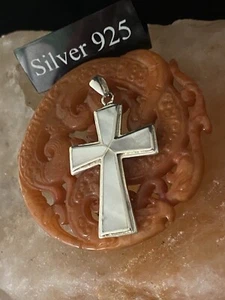 Large Silver Cross With Mother Of Pearl And Fine Silver Necklace - Picture 1 of 5
