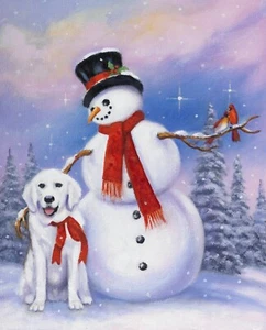 35" Fabric Panel - David Textiles Digital Christmas Snowman & Dog Scene - Picture 1 of 1