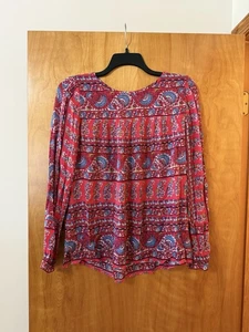 Ann Taylor LOFT Red Blue Multi Fan Floral Long Sleeve Blouse Top Feminine Medium - Picture 1 of 12
