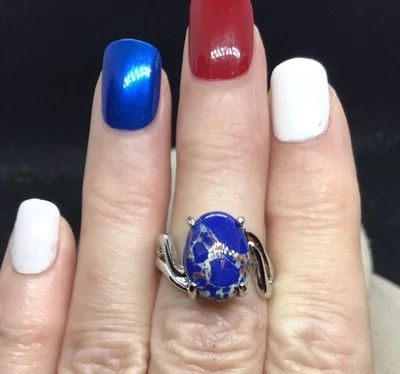 Anillo de moda de piedra de vidrio línea azul/bronceado tono plata talla 7 G387 Foto 1 de 4