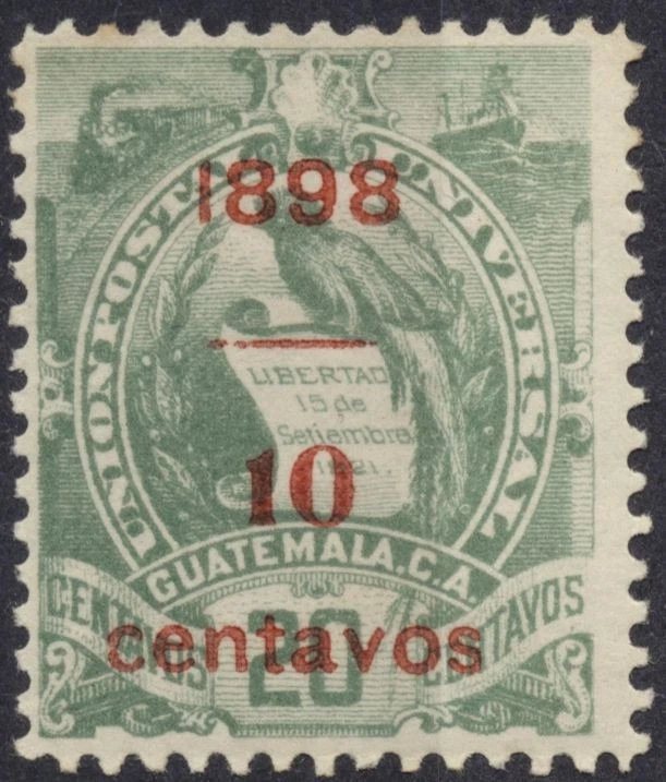 Guatemala #79 Verde Esmeralda Rojo Recargo 10c en 20c Quetzal 1898 Sello MH Foto 1 de 1