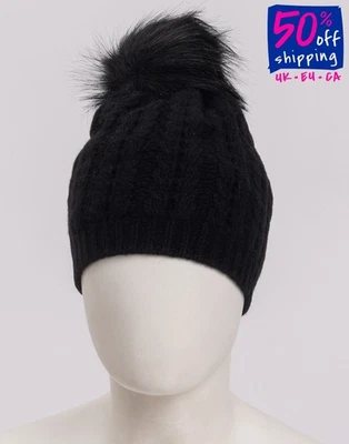PVP € 196 PORTOLANO Gorro de cachemir Talla Única Negro Piel Sintética Pom Pom Foto 1 de 4