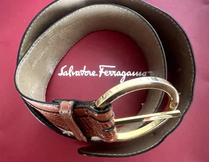 Salvatore Ferragamo Woman Belt Brown Hooks Golden With Signs L 87 - Picture 1 of 11