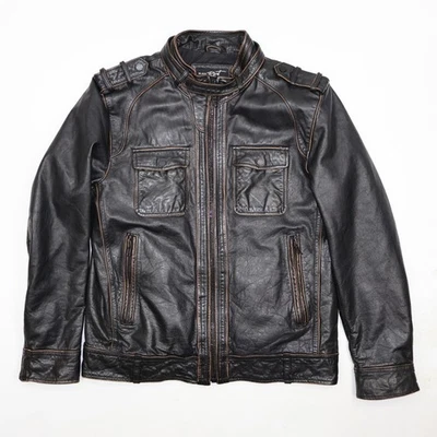 Y2K 'Black Rivet' Men's Size L Brown Leather Jacket Distressed Cafe Racer Biker - Image 1 of 4