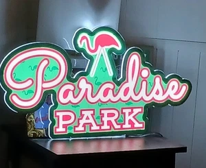 Flamingo Pink & Green "Paradise Park" Hanging Neon/LED Sigh 13"X23" - Picture 1 of 9
