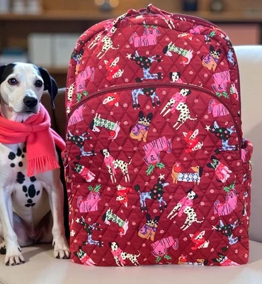 Vera Bradley Cotton Essential Large Backpack Holiday Hounds Dogs Red & Gift Bag - Image 1 of 4