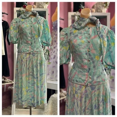 Vintage 80s 3pc Dress Skirt Suit Set Scarf Pastel Blue Pink Puff Sleeves Silk S - Image 1 of 4