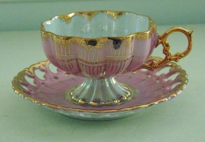 Taza y platillo reticulado Royal Sealy China Japón marfil iridiscente y rosa Foto 1 de 4