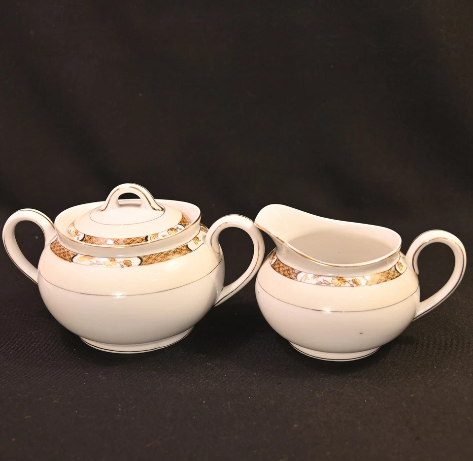 Noritake Creamer & Sugar w/Lid Geometric Band Florals w/Gold 1918 Hand Painted - image 1 of 4