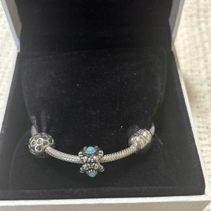 Authentic Pandora Snake Chain Bracelet With 3 charms size 6.5 Inch New With Box - Picture 1 of 6