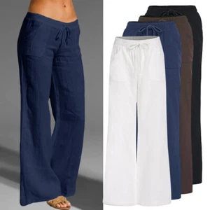 US Womens Elastic Waist Flared Pants Ladies Summer Loose Harem Wide-Leg Trousers - Picture 1 of 15
