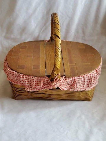 Vintage Picnic Basket Two Lids Red White Checker Liner 1940's 1950's-LP Cover