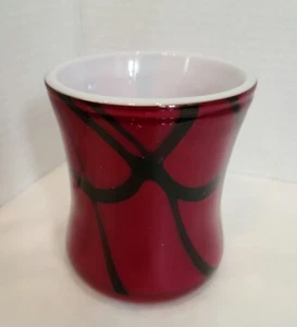 Hand Blown Cased Glass Red Crimson w/ Black Swirl Designs Floral Vase 4" x 3 1/2 - Picture 1 of 5
