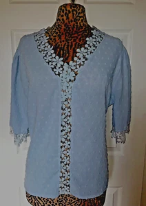 Short Sleeve Lined Macrame Lace Blue Blouse Sz. XL 46” Bust New - Picture 1 of 3