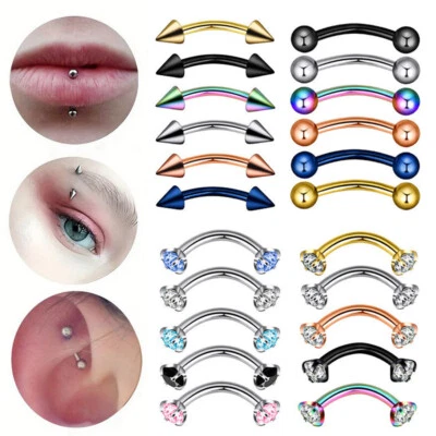 5-6Pcs Surgical Steel Eyebrow Piercing Tongue Lip Ring Curved Barbell Helix Stud - Image 1 of 4